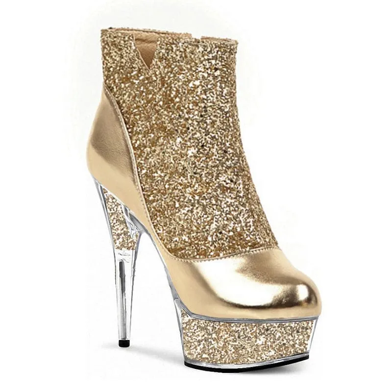 Glittered Round Toe High-heeled Platform Boots with Crystal Stiletto Heel