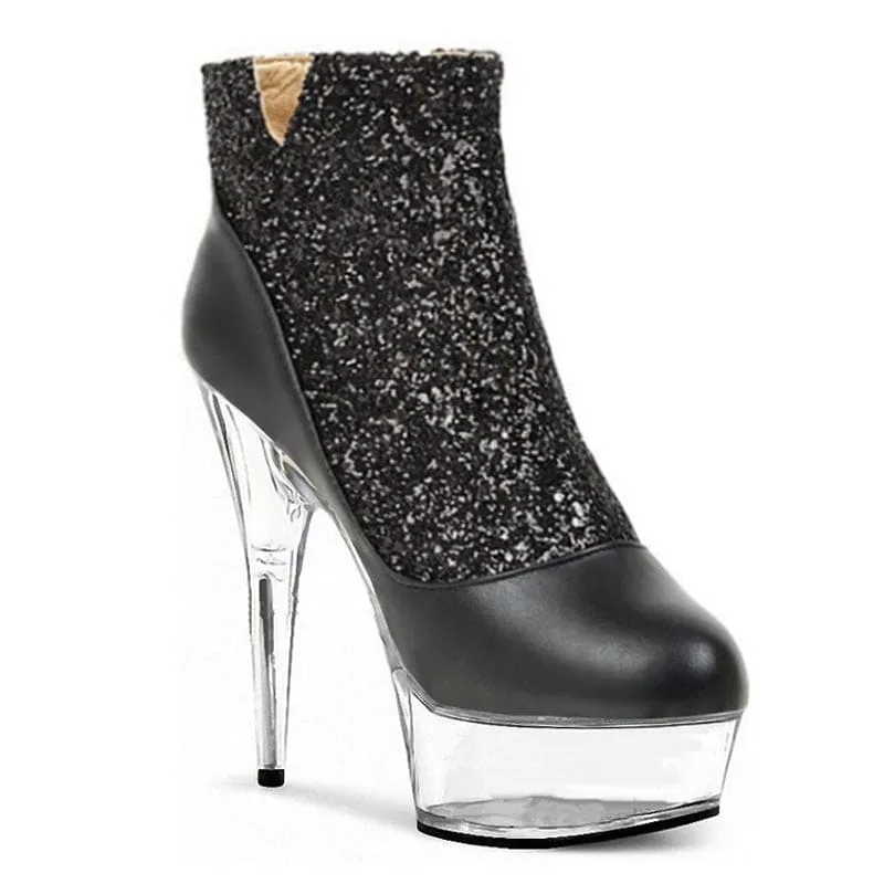 Glittered Round Toe High-heeled Platform Boots with Crystal Stiletto Heel