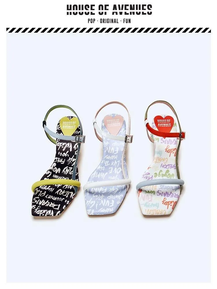 HOA street fashion quirky letter jelly  Graffiti crystal heeled summer sandals - Sulu