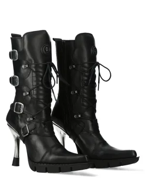 NEW ROCK Urban Black Lace-Up Heeled Boots With Buckles