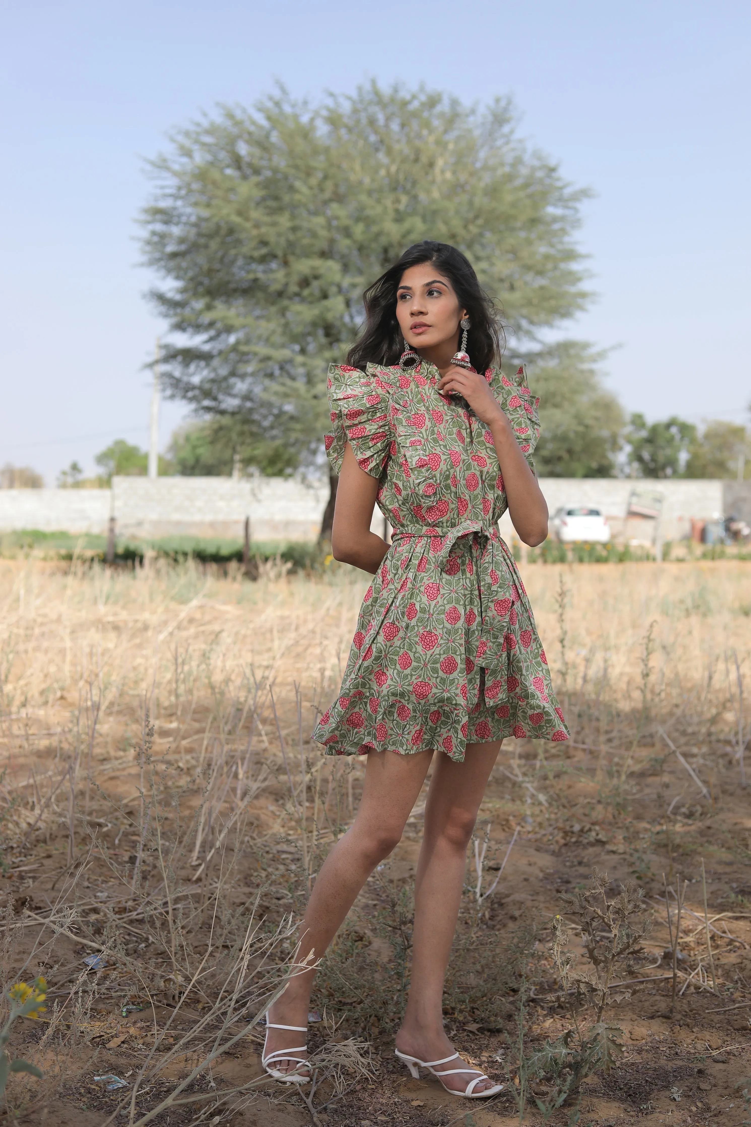 olive green mini dress with belt Indian rose beauty