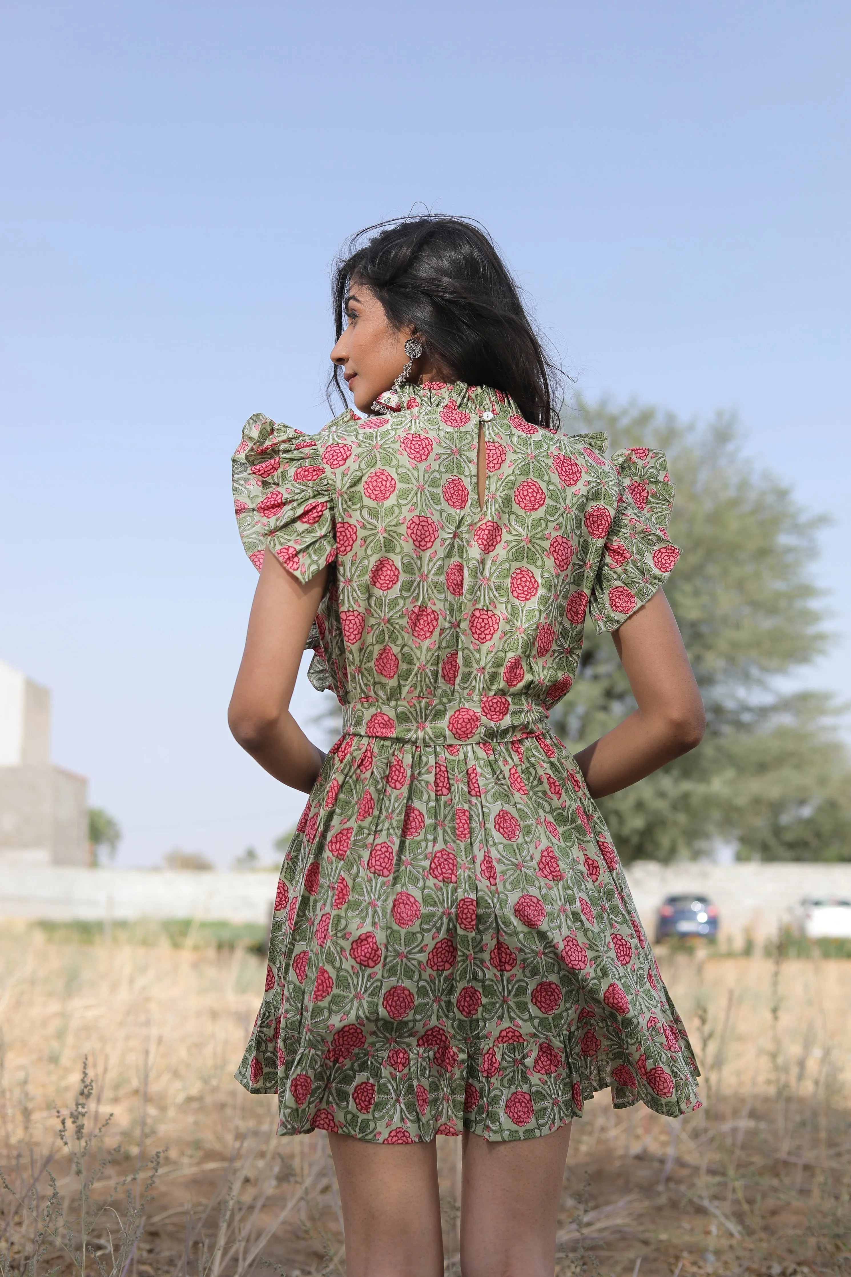 olive green mini dress with belt Indian rose beauty