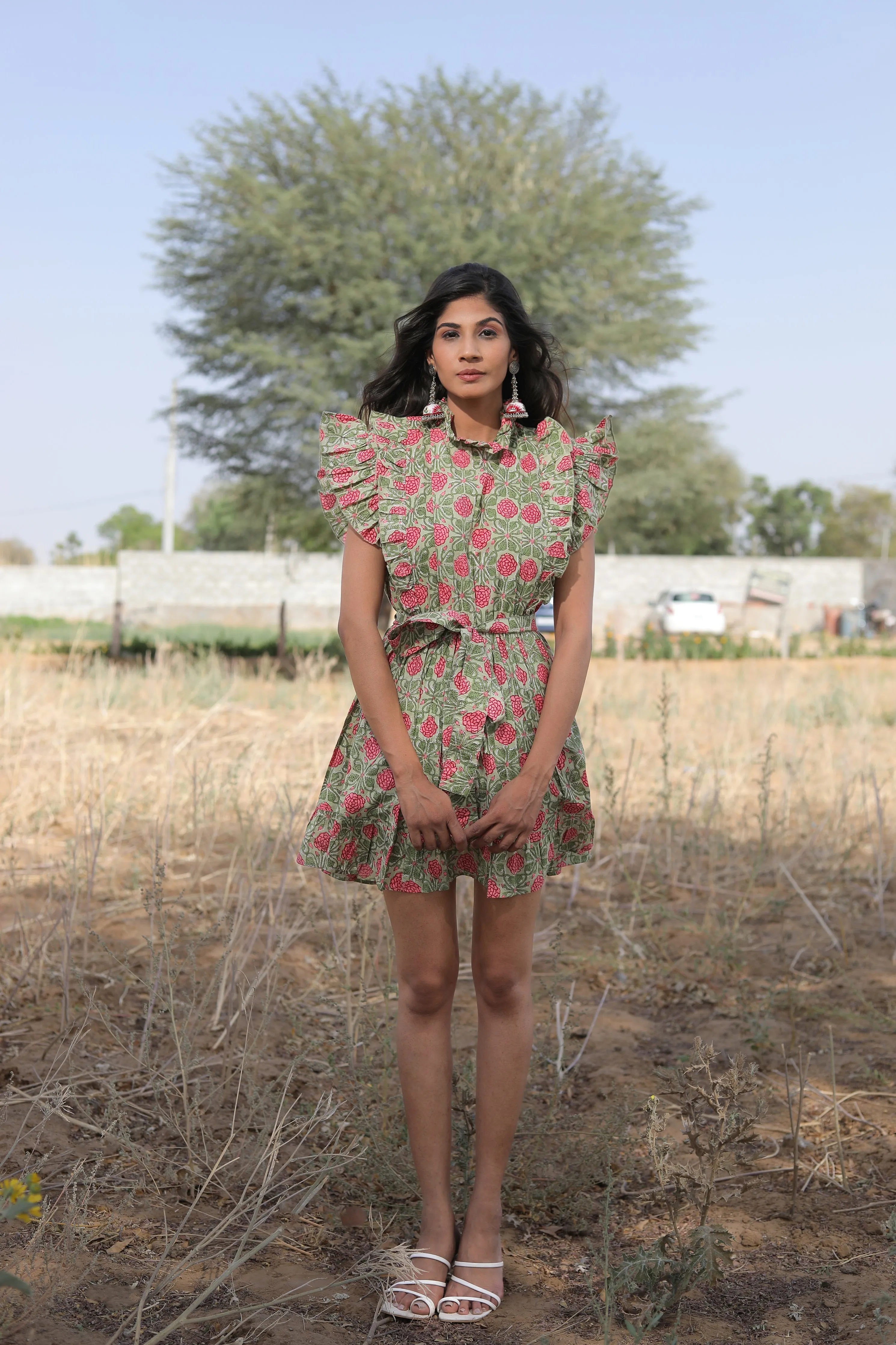 olive green mini dress with belt Indian rose beauty