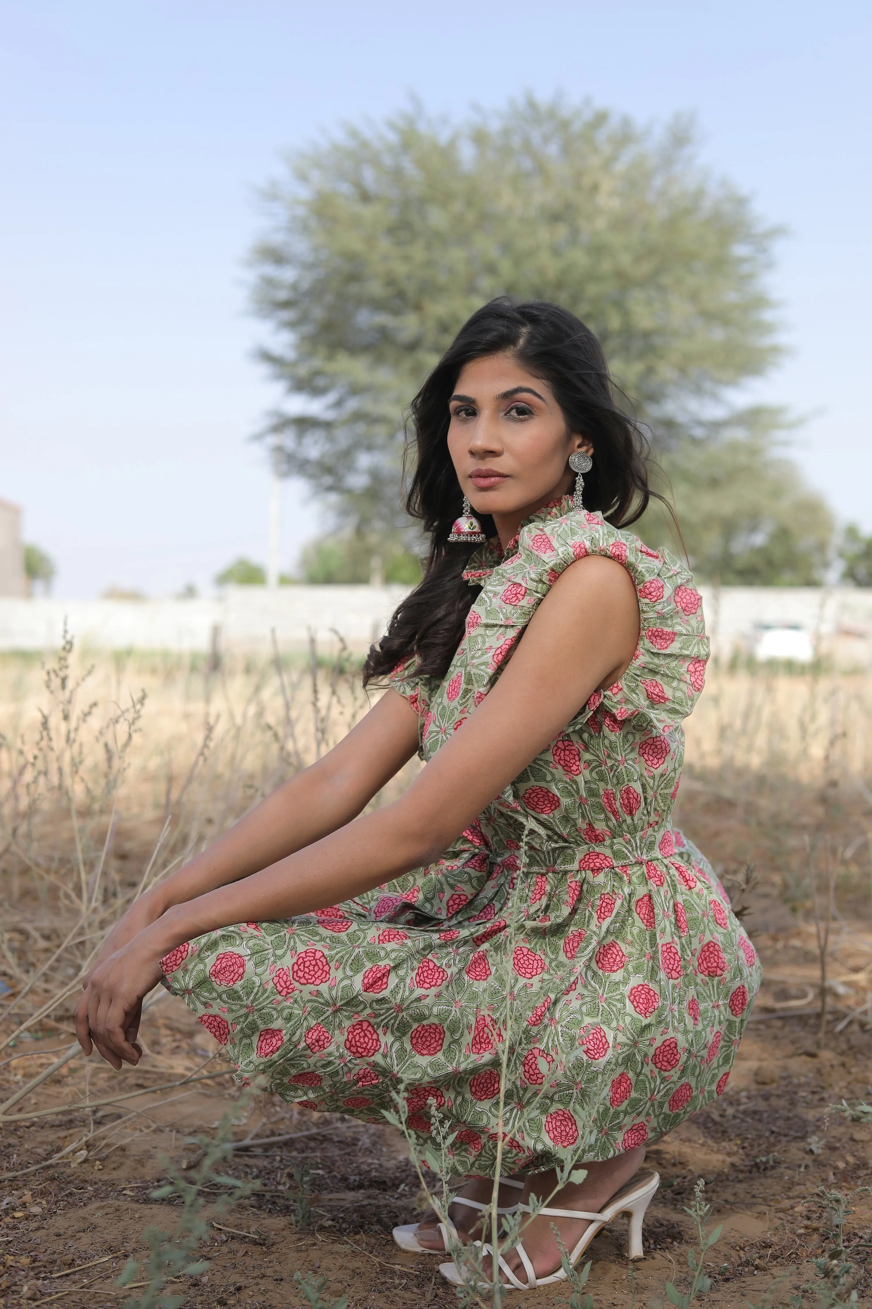 olive green mini dress with belt Indian rose beauty
