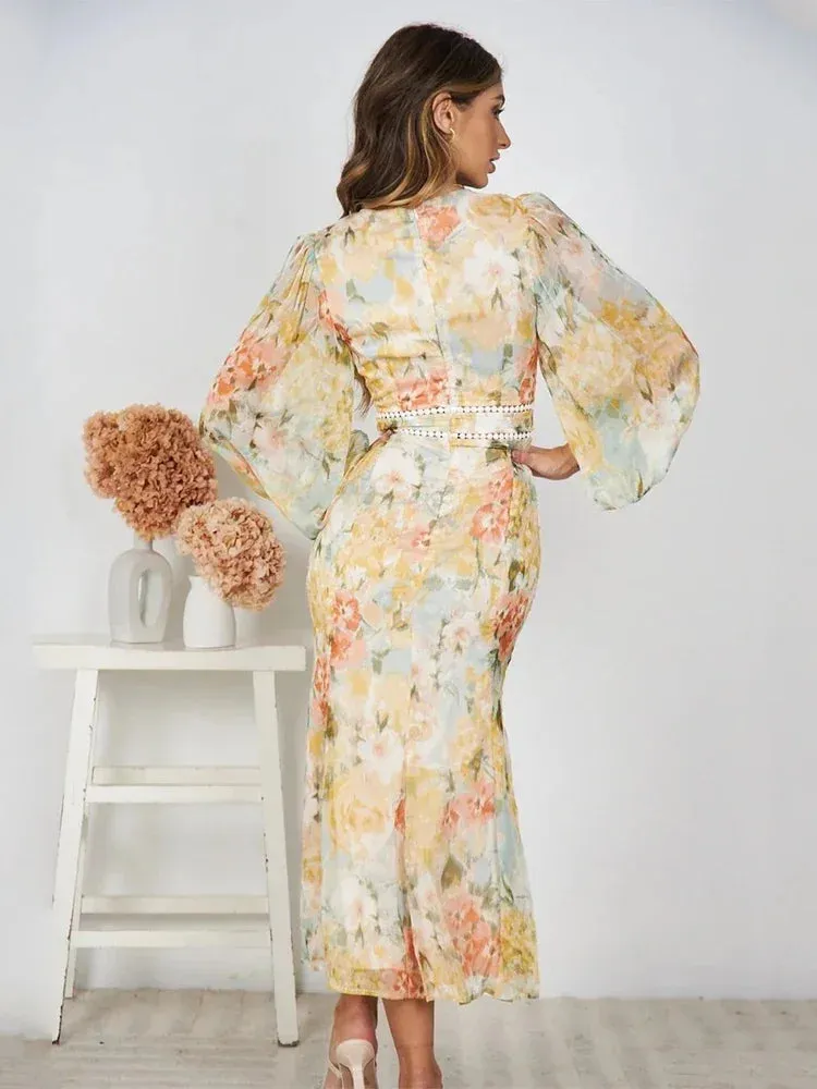 Pastel Floral Print Midi Dress with Embellished Trim