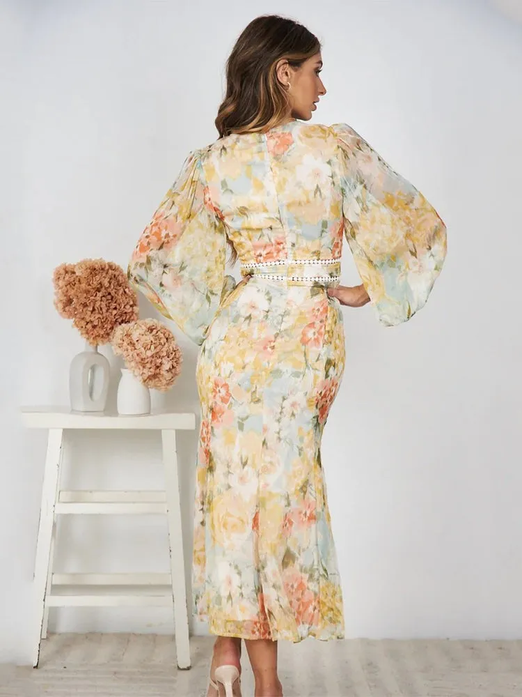 Pastel Floral Print Midi Dress with Embellished Trim