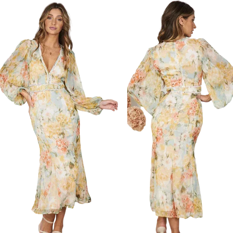 Pastel Floral Print Midi Dress with Embellished Trim