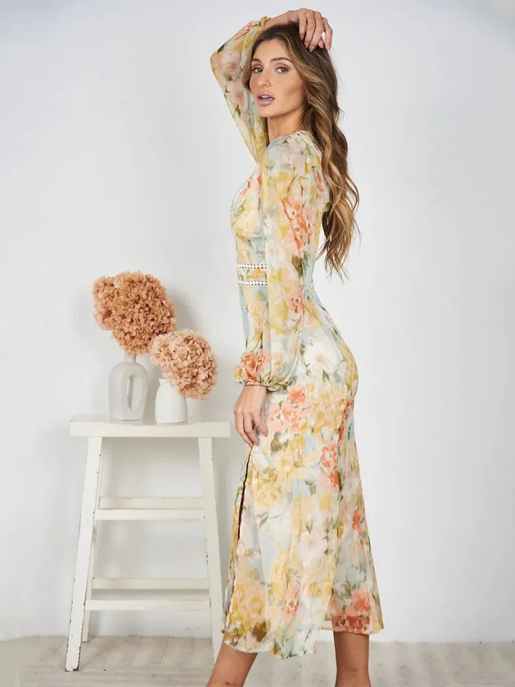 Pastel Floral Print Midi Dress with Embellished Trim