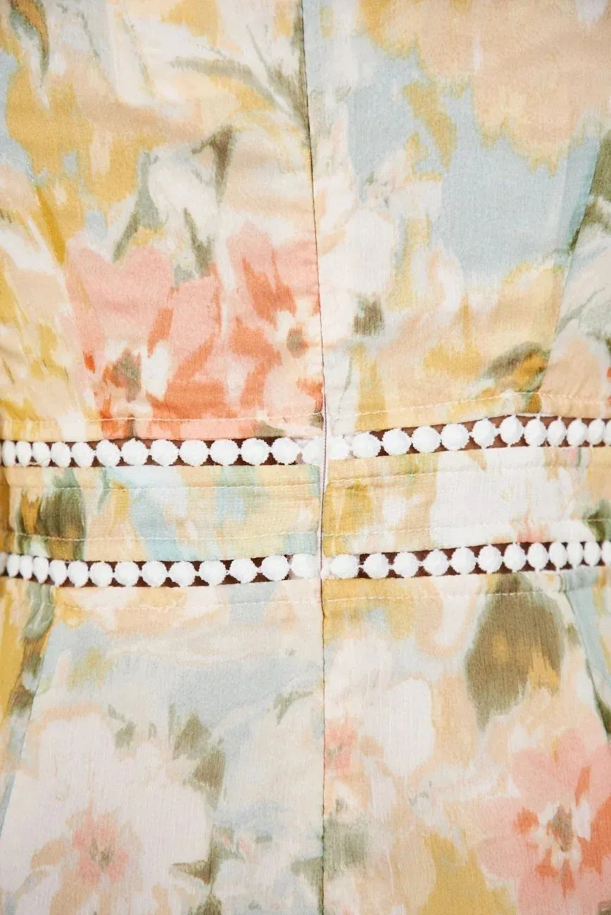 Pastel Floral Print Midi Dress with Embellished Trim