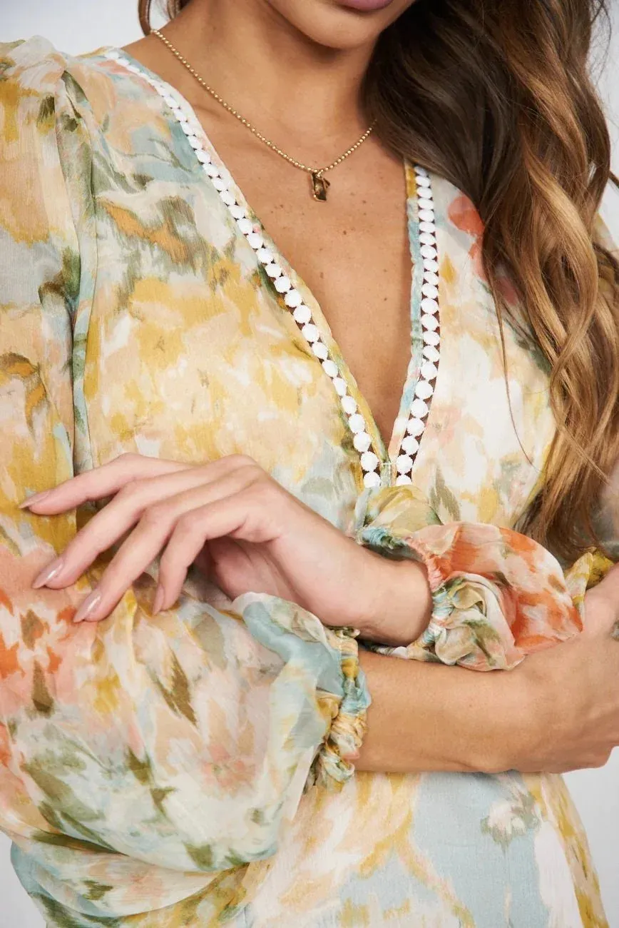 Pastel Floral Print Midi Dress with Embellished Trim