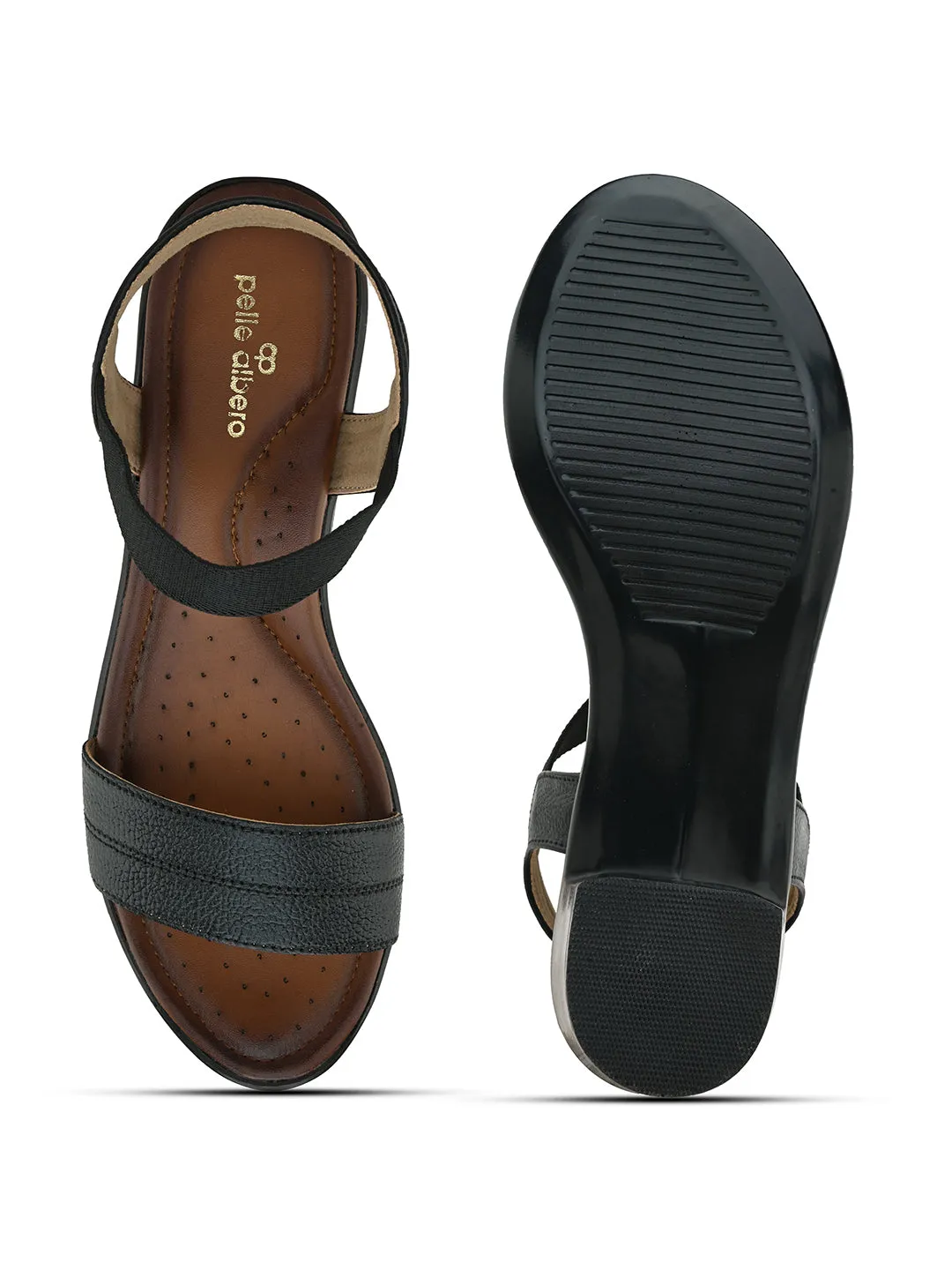 Pelle Albero Women's Black Leather Slip-On Block Heel Sandals