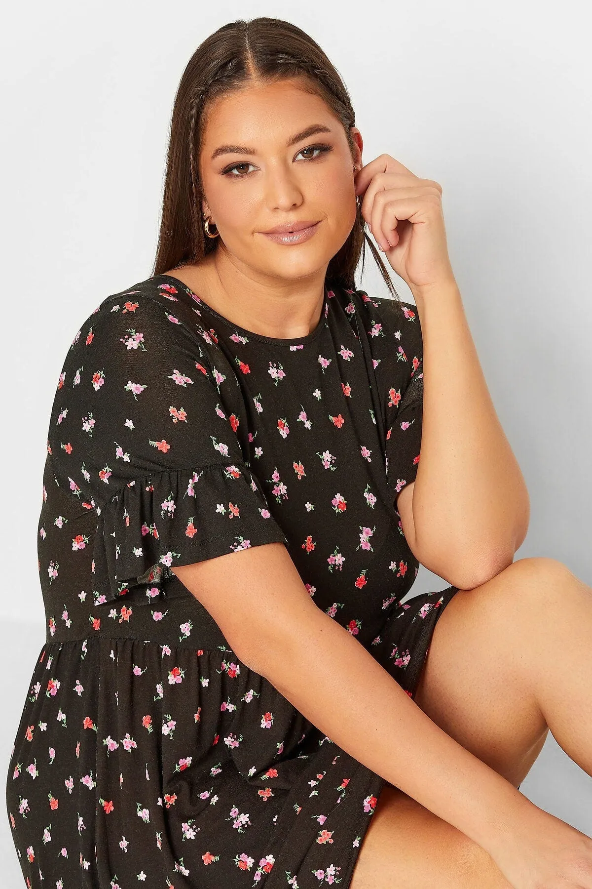 Plus Size Flower Patterned Short Dress, Summer Style Fashionable Women Plus Size,Dress For Curves Beachy Vibes,Party Dress,Boho Style Dress