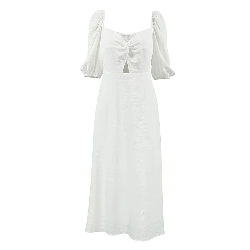 Puff Sleeve Off Shoulder Midi Dress on Textured Fabric