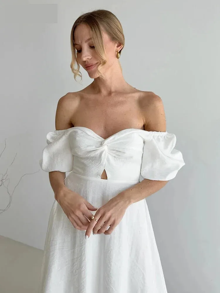 Puff Sleeve Off Shoulder Midi Dress on Textured Fabric