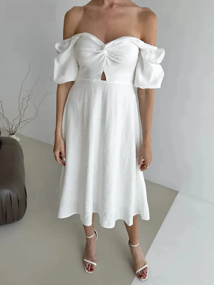 Puff Sleeve Off Shoulder Midi Dress on Textured Fabric