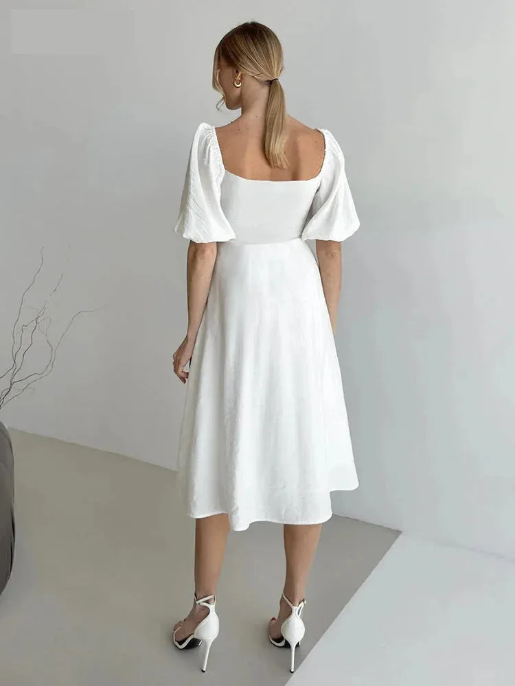 Puff Sleeve Off Shoulder Midi Dress on Textured Fabric
