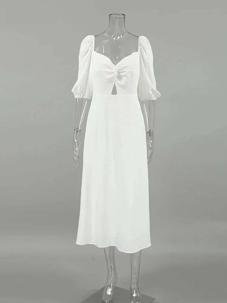 Puff Sleeve Off Shoulder Midi Dress on Textured Fabric