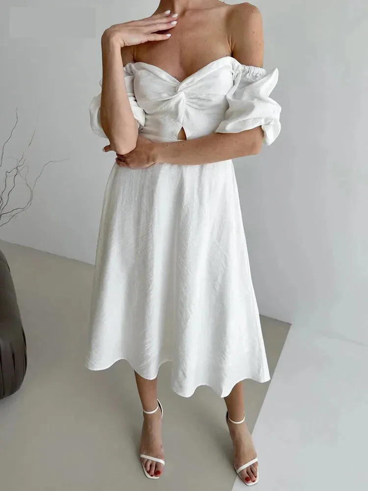 Puff Sleeve Off Shoulder Midi Dress on Textured Fabric