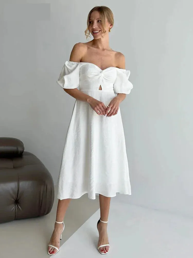 Puff Sleeve Off Shoulder Midi Dress on Textured Fabric