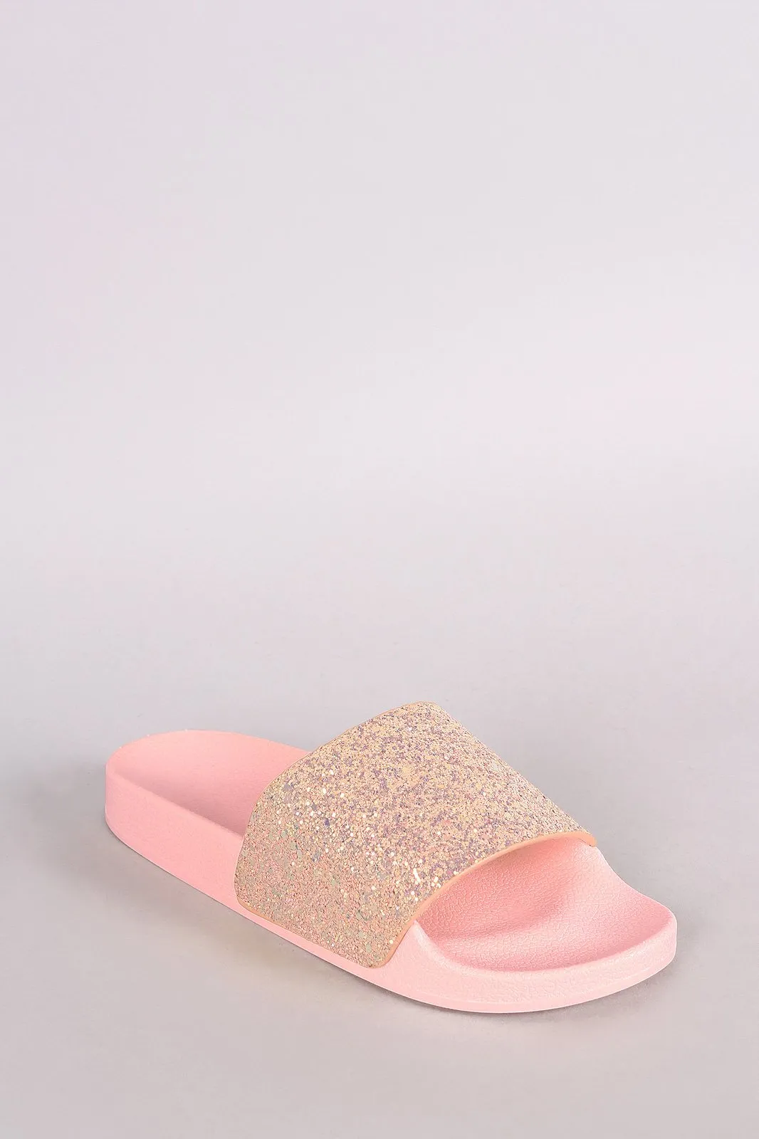 Qupid Encrusted Iridescent Glitter Open Toe Slide Sandal