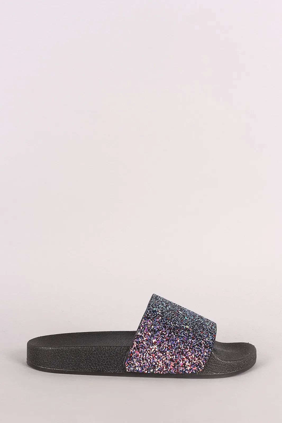 Qupid Encrusted Iridescent Glitter Open Toe Slide Sandal