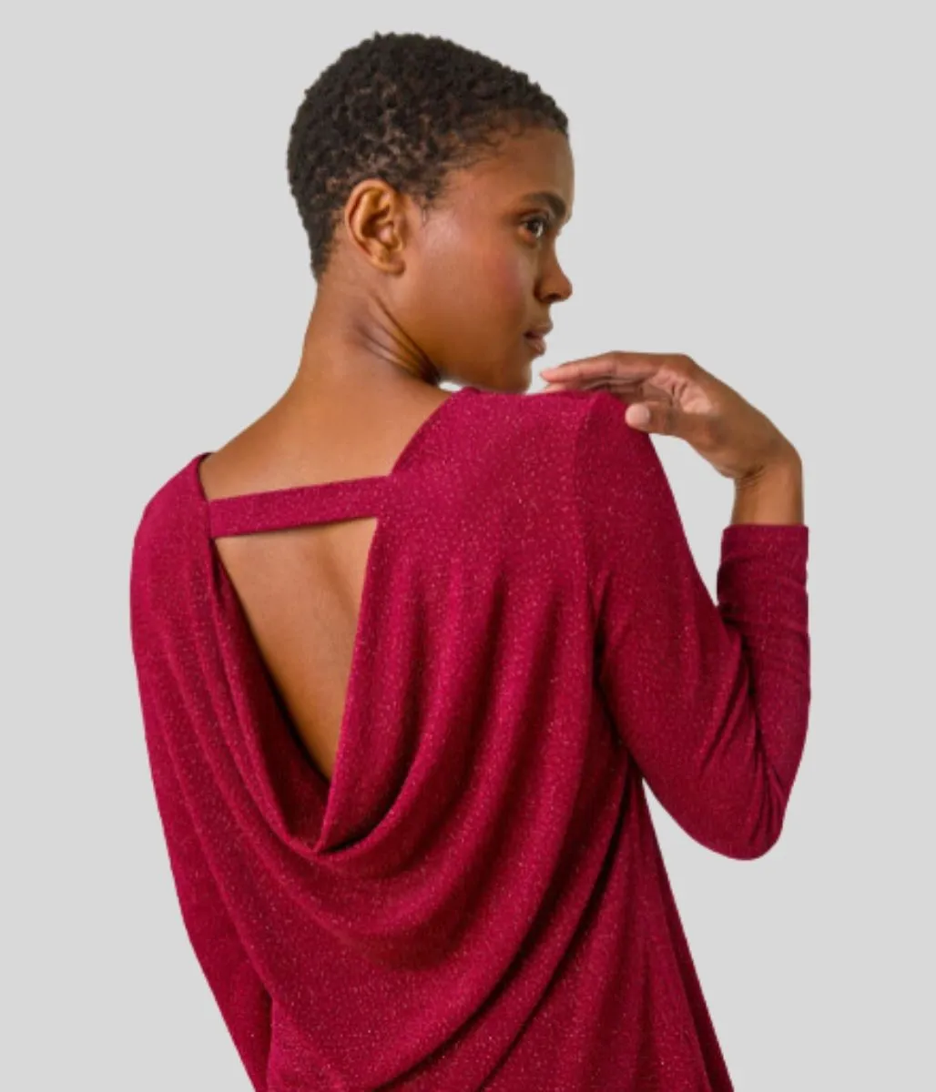 Red Sparkle Cowl Back Tunic Top