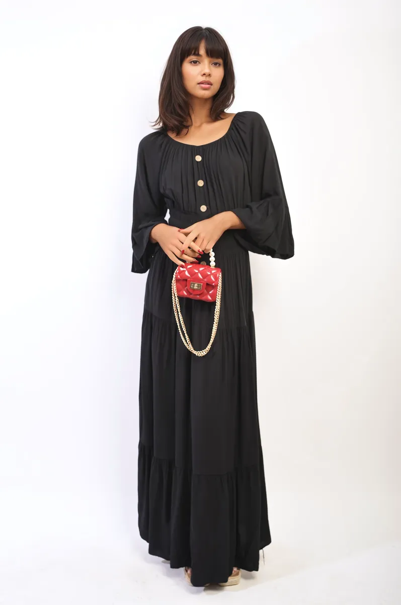 Ruffle Hem Sleeve Shirred Waist Tiered Maxi Dress
