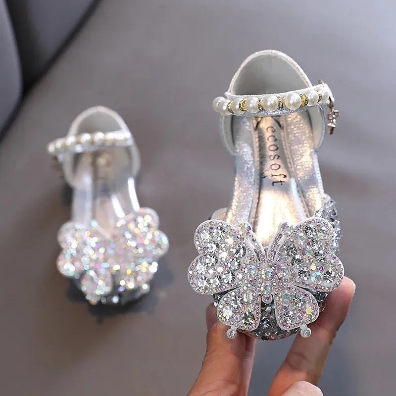Sequenced Leather Glittery Shoes With A Butterfly And Pearls.
