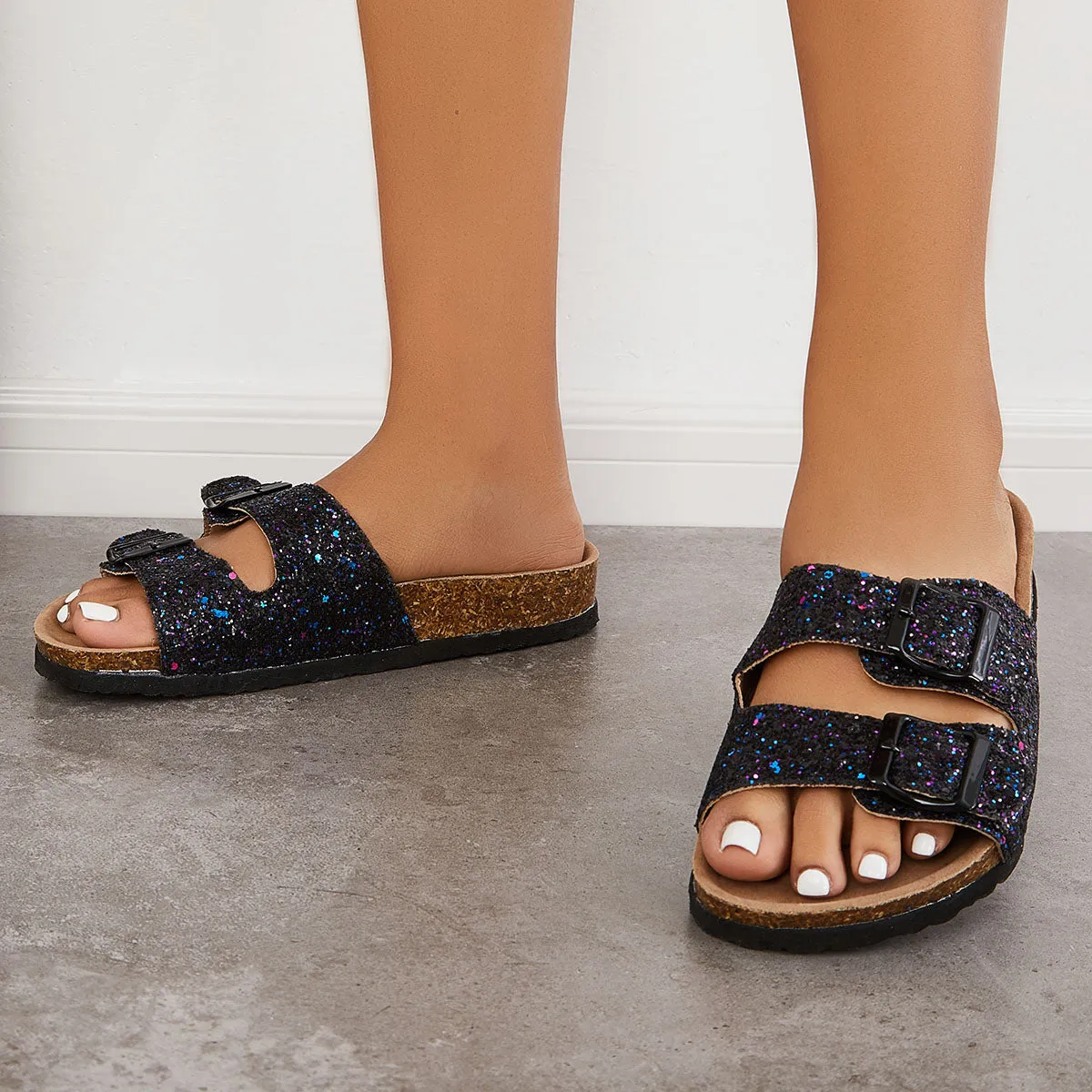 Sohiwoo  Women Casual Glitter Platform Soft Cork Footbed Slippers