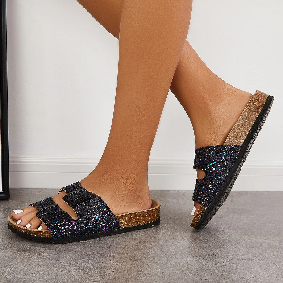 Sohiwoo  Women Casual Glitter Platform Soft Cork Footbed Slippers