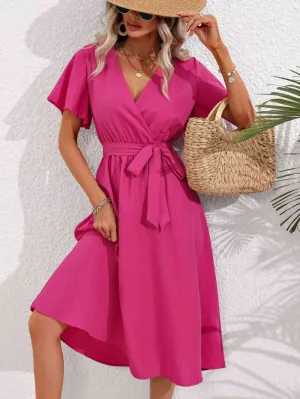 Sorbet Dream Short Sleeve Midi Hot Pink Dress
