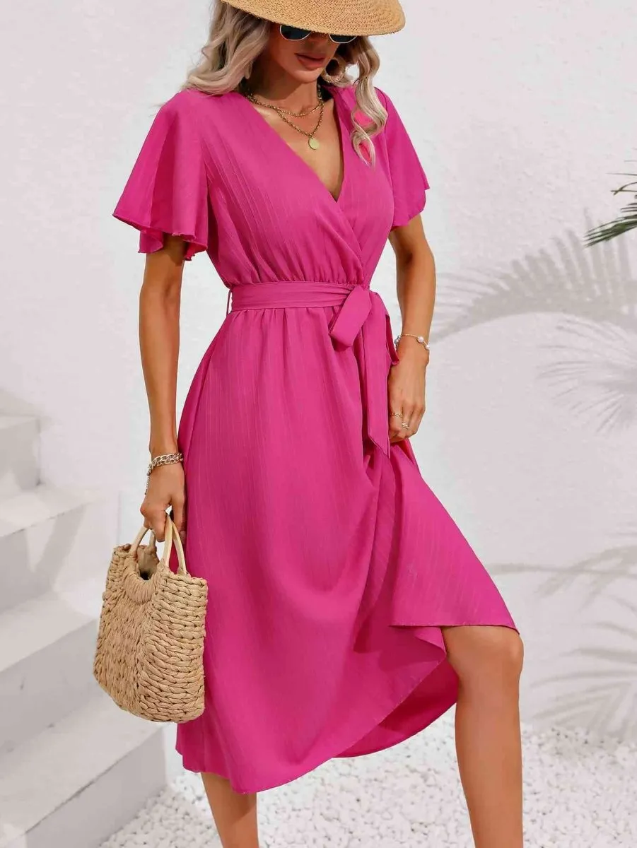 Sorbet Dream Short Sleeve Midi Hot Pink Dress