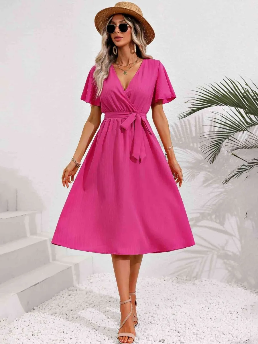 Sorbet Dream Short Sleeve Midi Hot Pink Dress