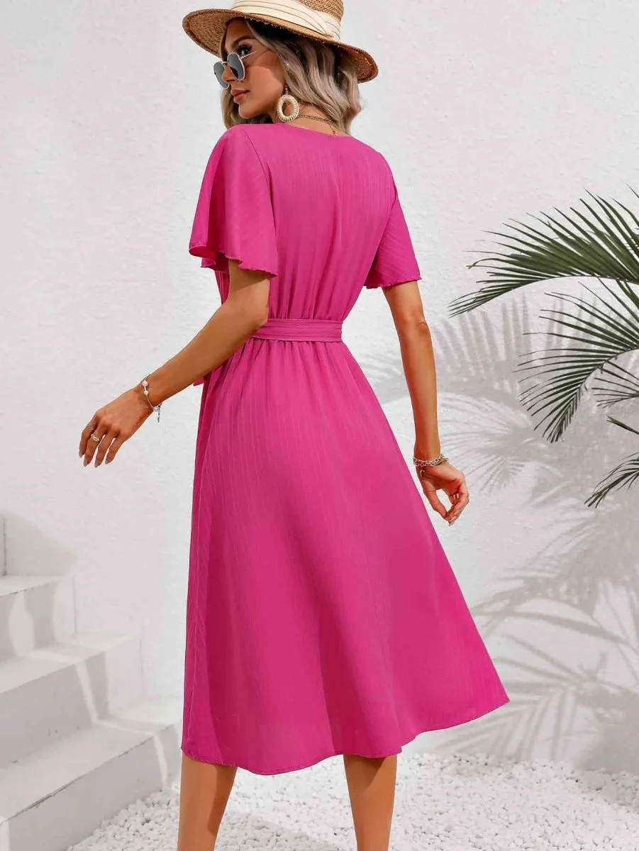 Sorbet Dream Short Sleeve Midi Hot Pink Dress
