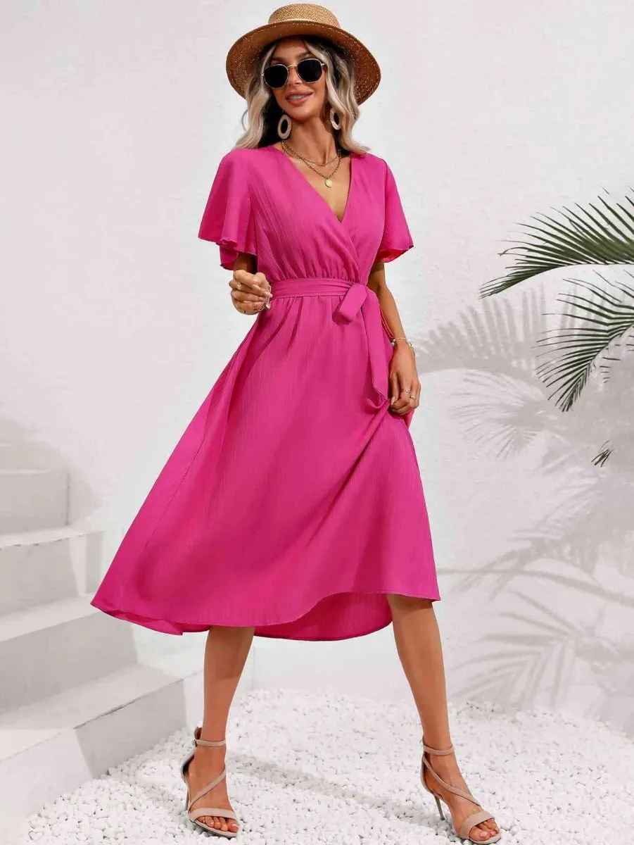 Sorbet Dream Short Sleeve Midi Hot Pink Dress
