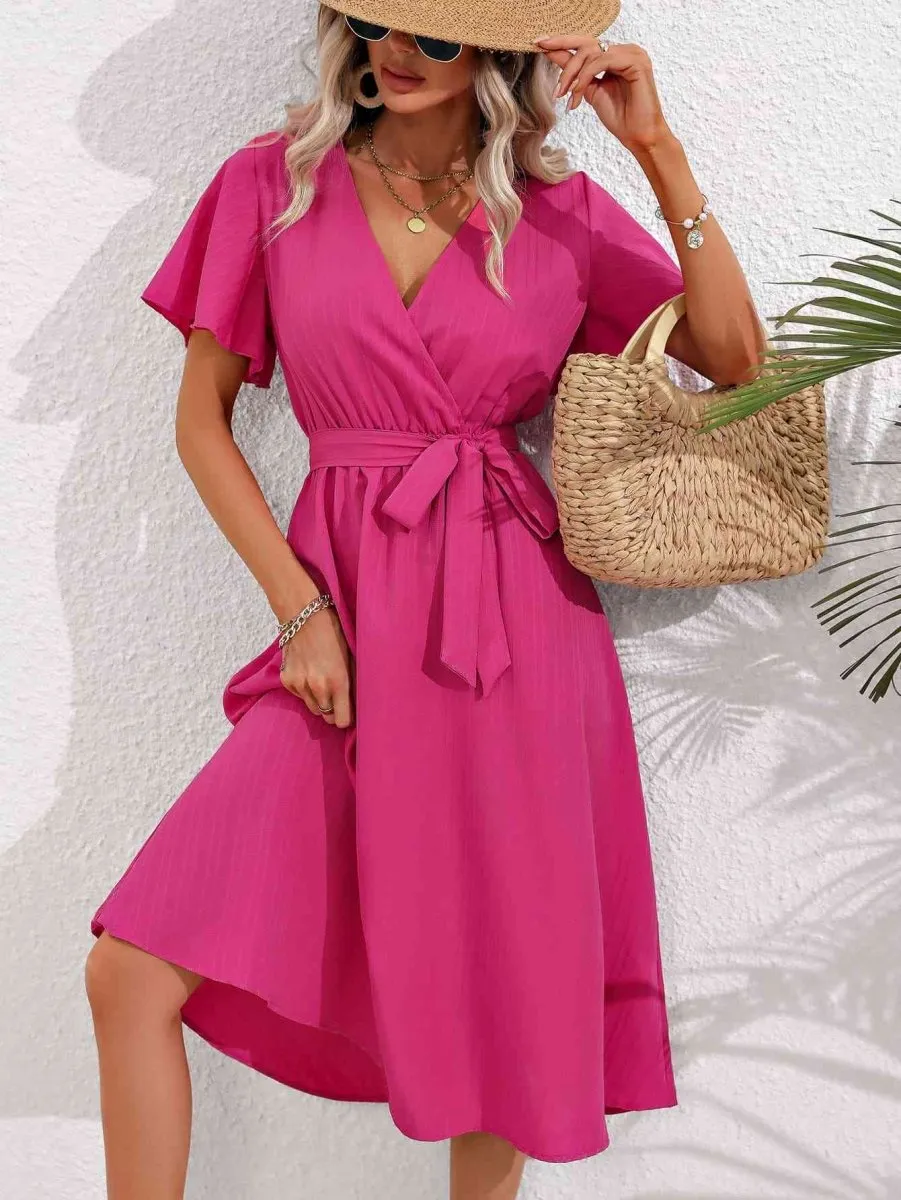 Sorbet Dream Short Sleeve Midi Hot Pink Dress