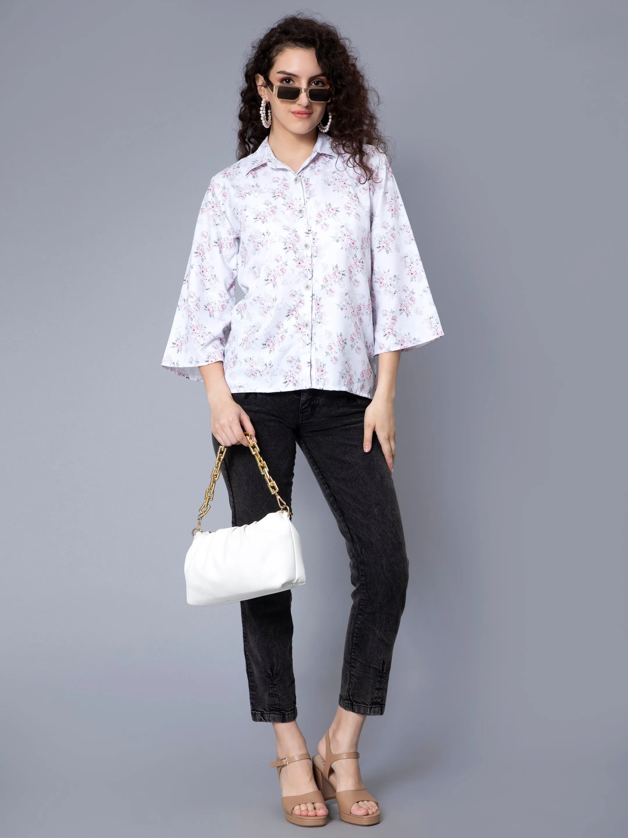 Star White Floral Printed Shirt Top