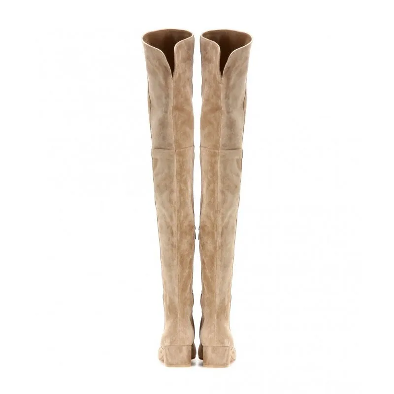 Stylish Round Toe Low Block Heeled Suede Over Knee Boots - Apricot