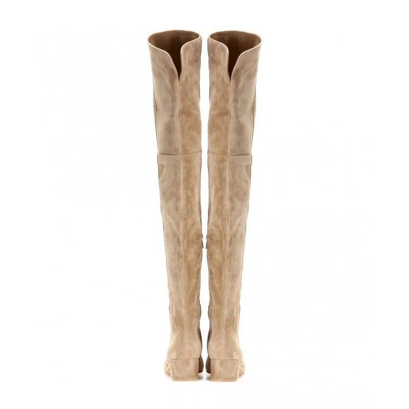 Stylish Round Toe Low Block Heeled Suede Over Knee Boots - Apricot