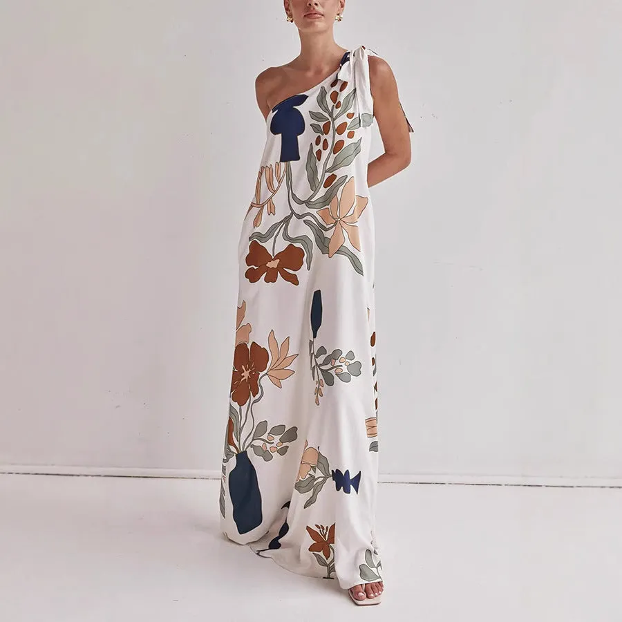 Summer Chic Muse Floral One Shoulder Boho Maxi Dress | Floral Long Dress | Printed Tie Shoulder Flowy Vacation Maxi