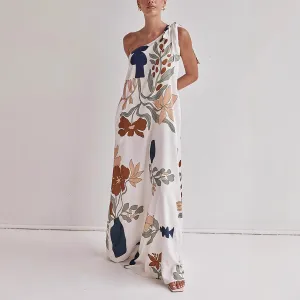 Summer Chic Muse Floral One Shoulder Boho Maxi Dress | Floral Long Dress | Printed Tie Shoulder Flowy Vacation Maxi