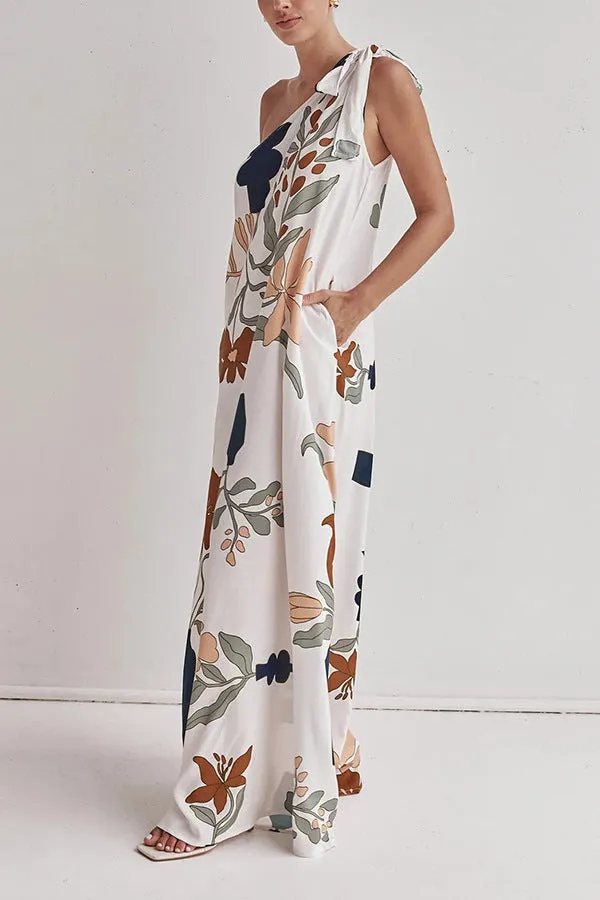 Summer Chic Muse Floral One Shoulder Boho Maxi Dress | Floral Long Dress | Printed Tie Shoulder Flowy Vacation Maxi