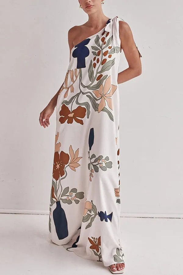 Summer Chic Muse Floral One Shoulder Boho Maxi Dress | Floral Long Dress | Printed Tie Shoulder Flowy Vacation Maxi