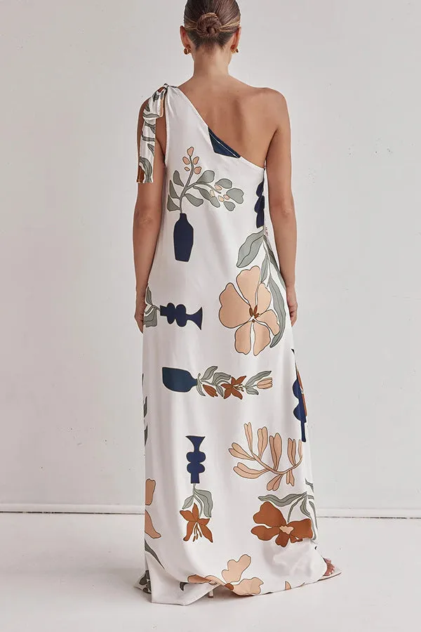 Summer Chic Muse Floral One Shoulder Boho Maxi Dress | Floral Long Dress | Printed Tie Shoulder Flowy Vacation Maxi