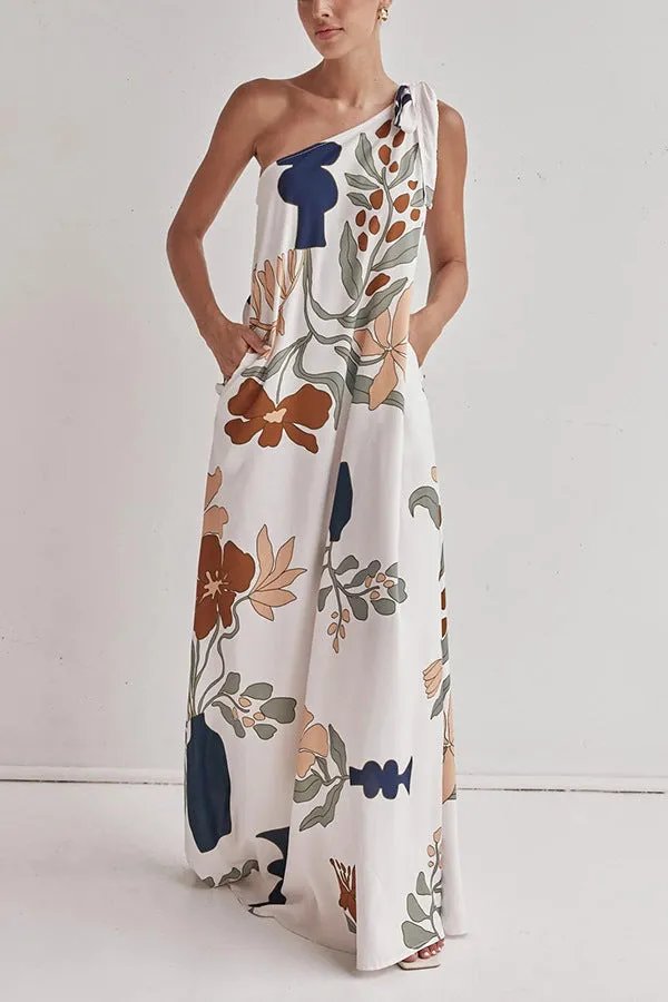 Summer Chic Muse Floral One Shoulder Boho Maxi Dress | Floral Long Dress | Printed Tie Shoulder Flowy Vacation Maxi