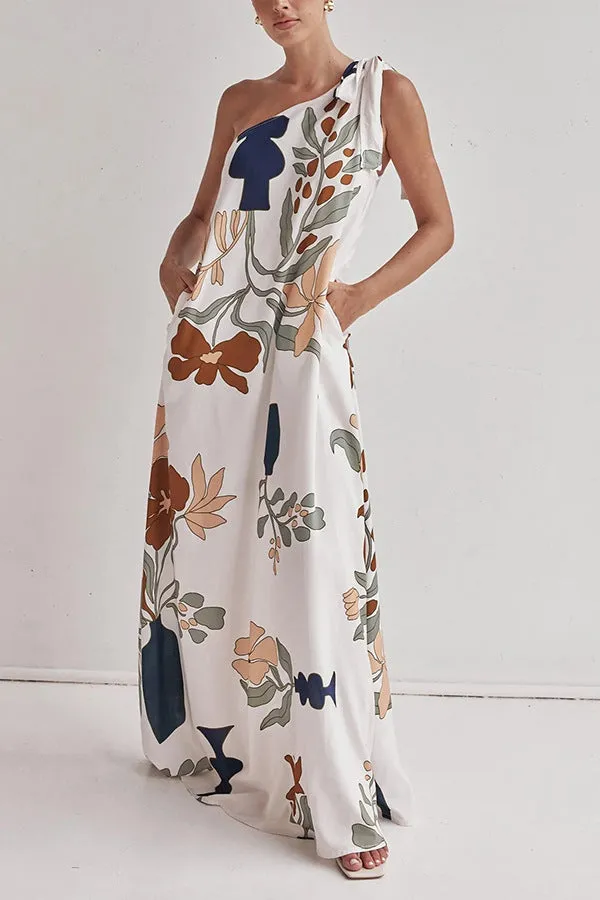Summer Chic Muse Floral One Shoulder Boho Maxi Dress | Floral Long Dress | Printed Tie Shoulder Flowy Vacation Maxi