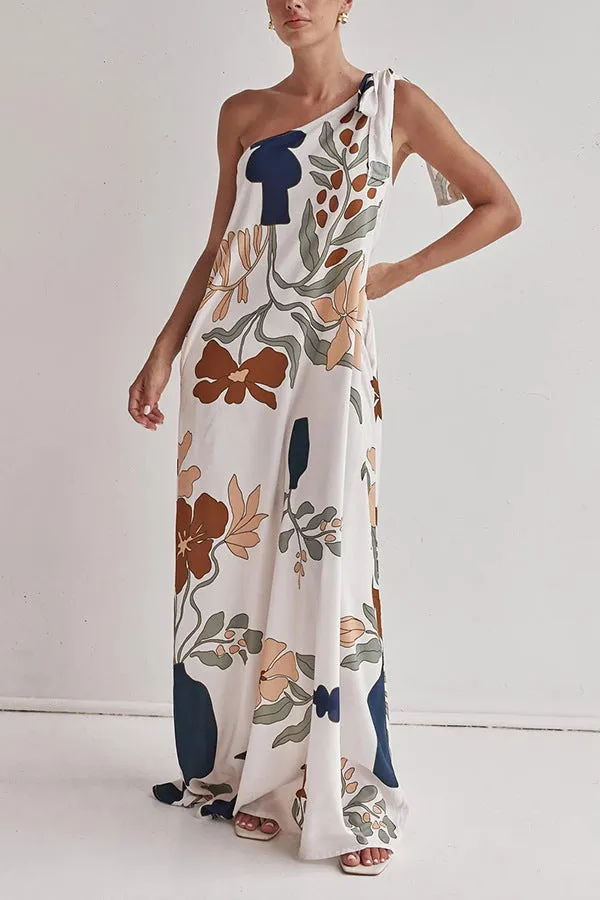 Summer Chic Muse Floral One Shoulder Boho Maxi Dress | Floral Long Dress | Printed Tie Shoulder Flowy Vacation Maxi