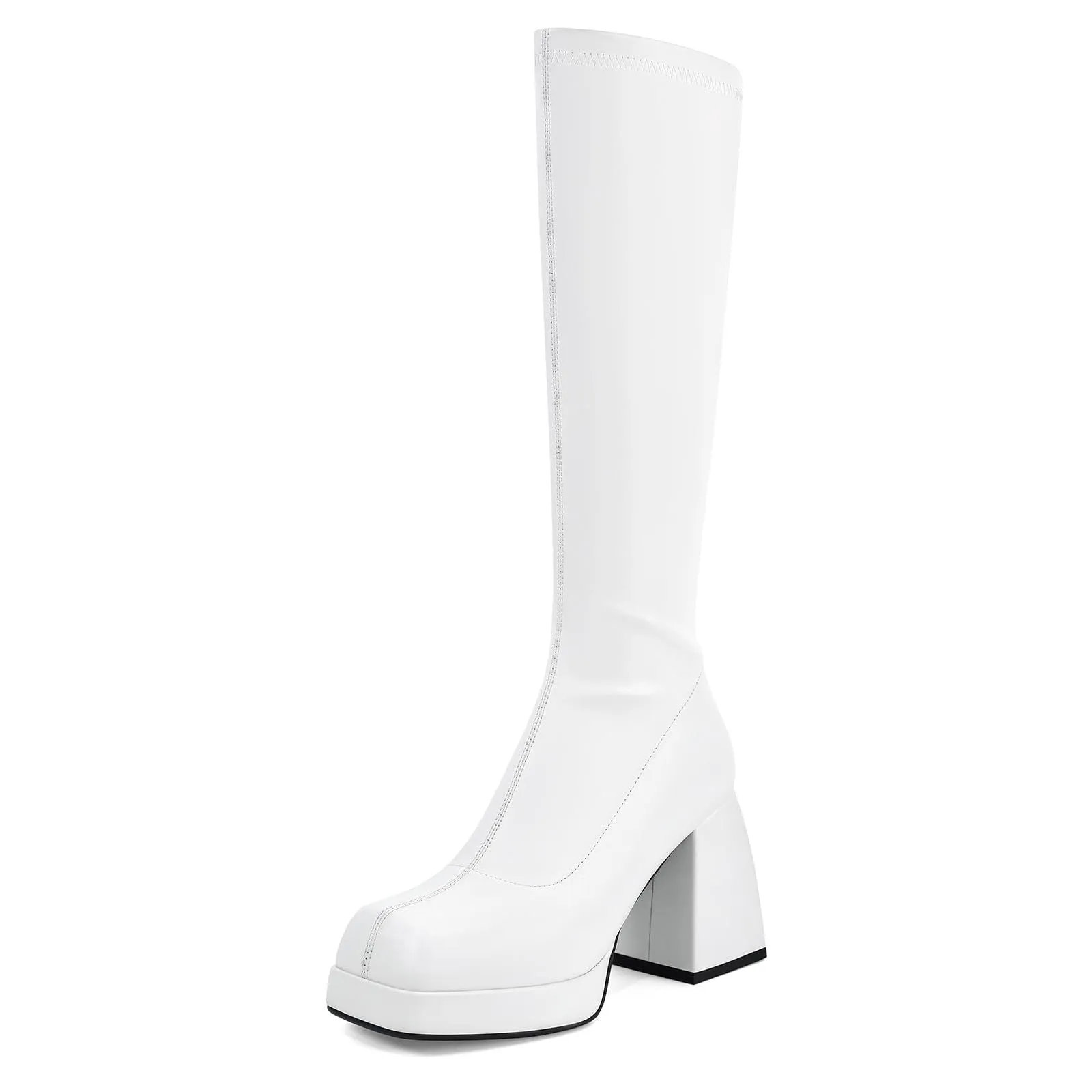 Tillbuy Black Leather Boots Platform Boots for Women Square Toe Chunky Block Heeled Boots