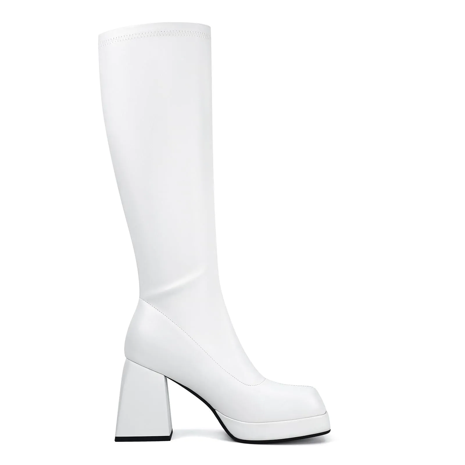 Tillbuy Black Leather Boots Platform Boots for Women Square Toe Chunky Block Heeled Boots