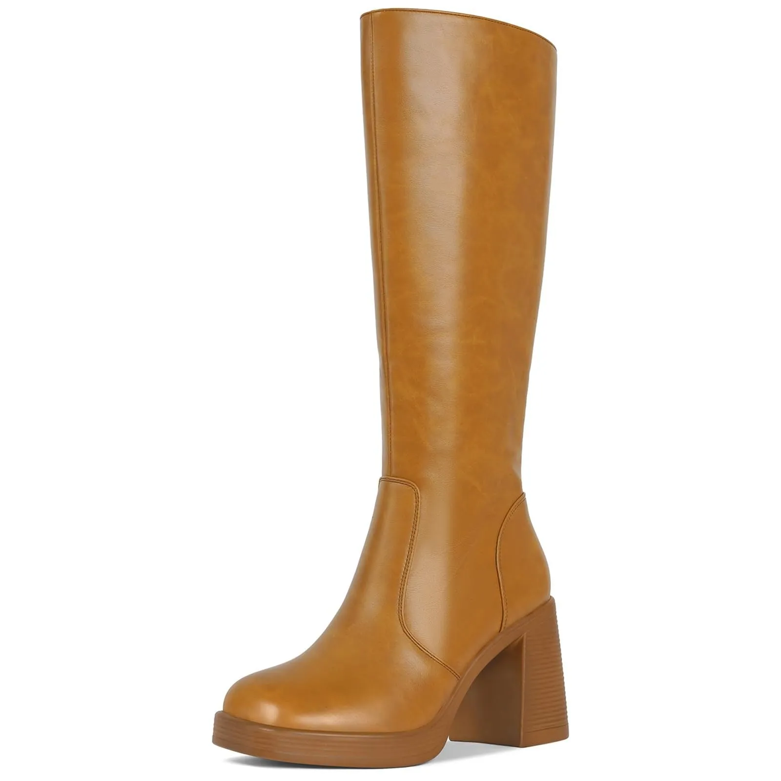 Tillbuy Black Leather Boots Platform Boots for Women Square Toe Chunky Block Heeled Boots